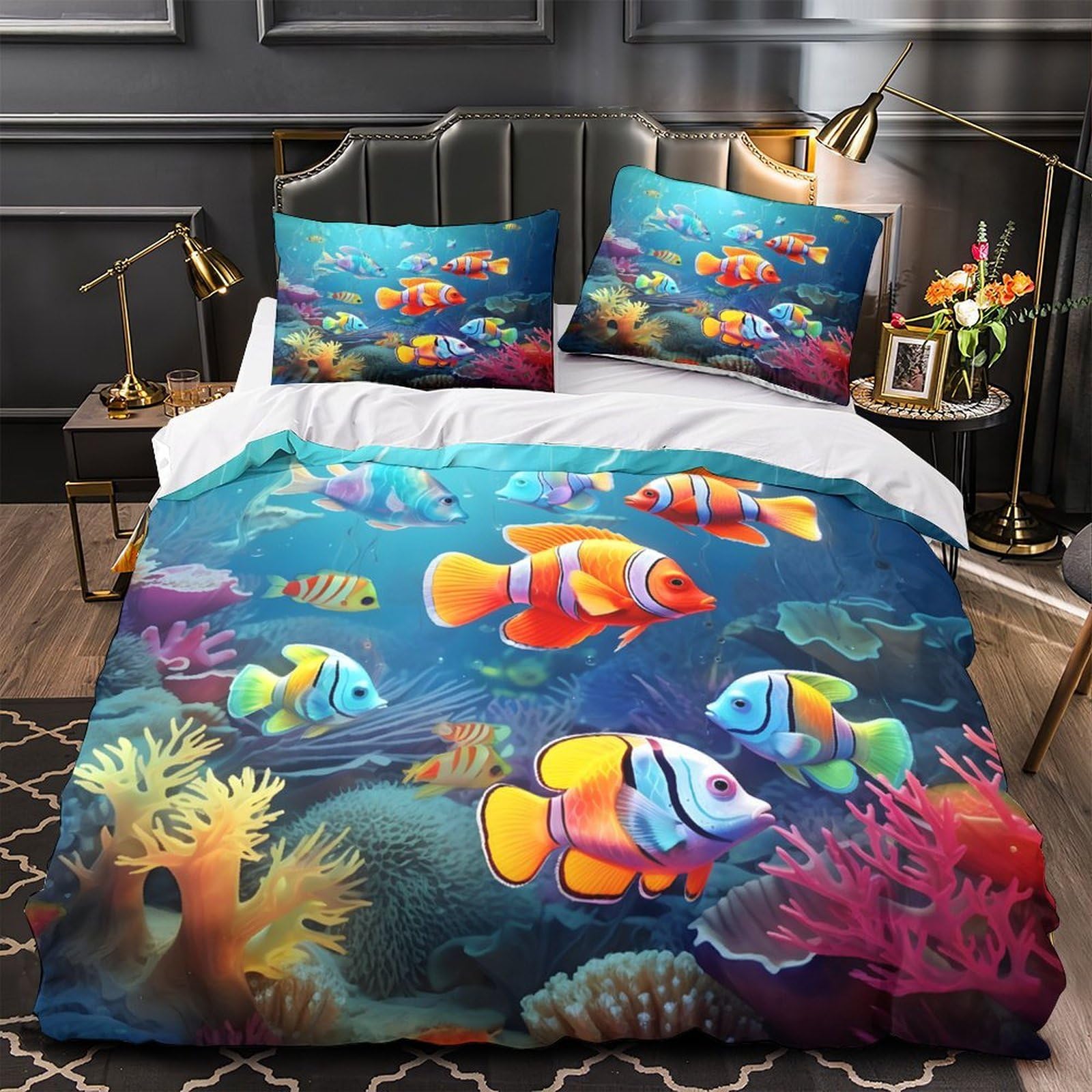 Parure de lit 3d poissons hypoallergénique et douce avec zip