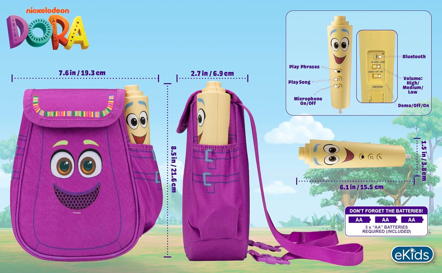 Dora Karaoke Microphone with Boombox showing battery compartment and controls