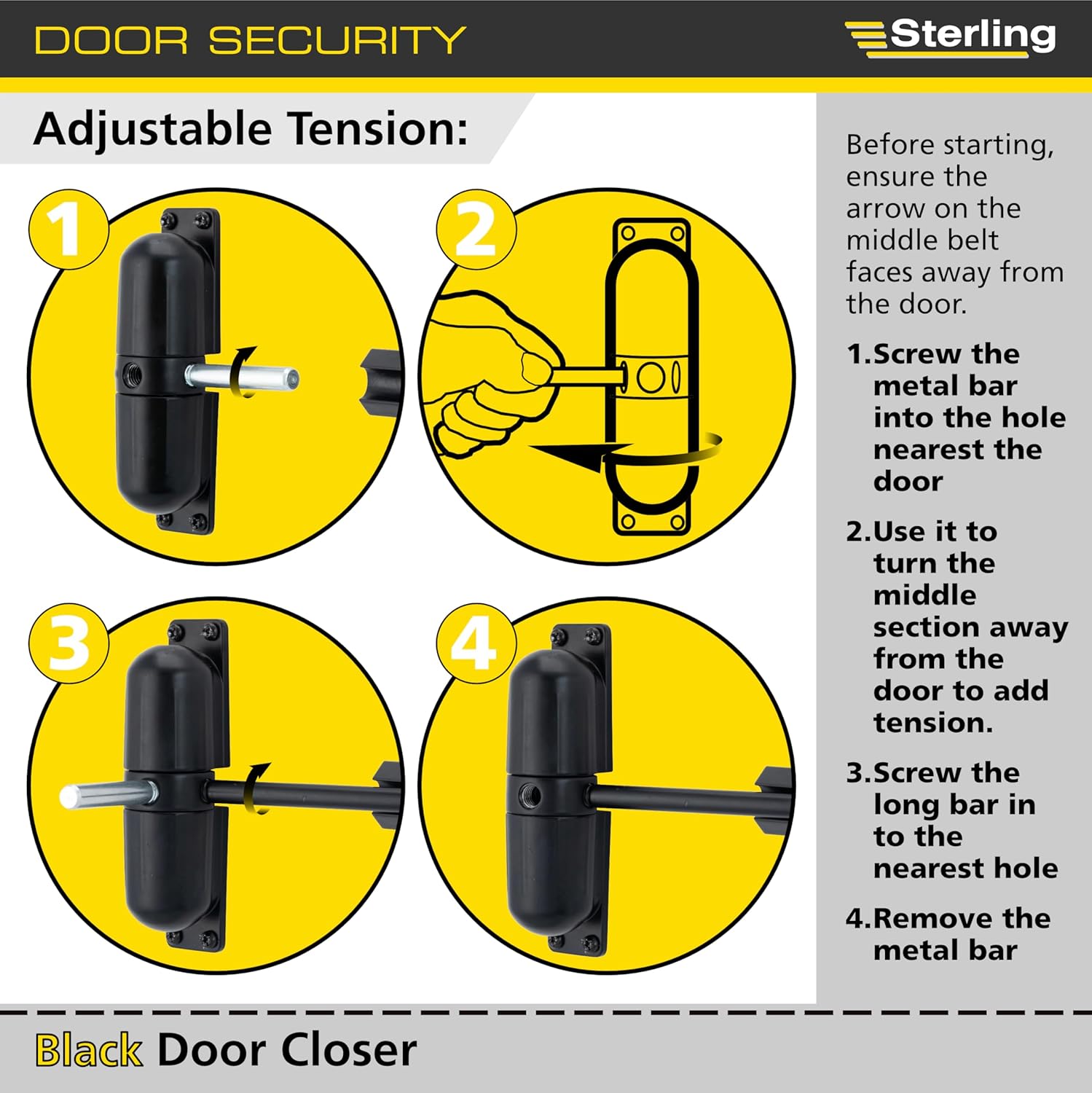 Sterling 271 DCBK Black, Surface Mounted, Spring Loaded Door Closer with 1/2 Hour Fire Rating, White, Polished Brass, Polished and Satin Chrome