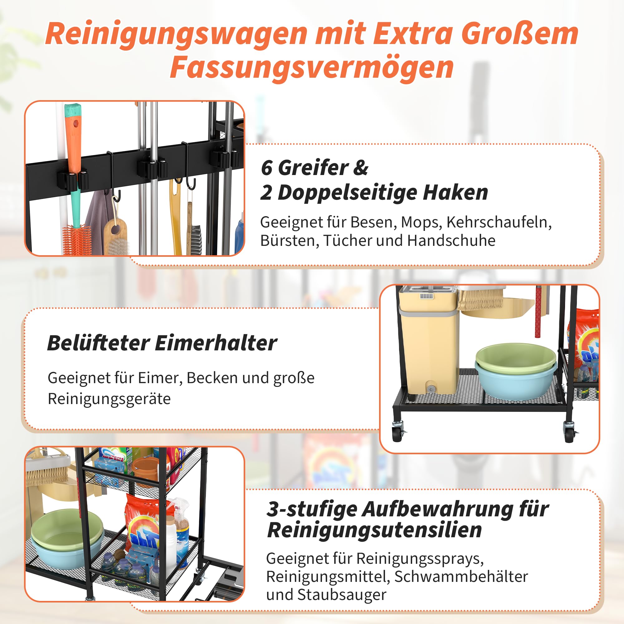 ohbien Mobiler Reinigungswagen mit Staubsaugerständer Mopphalter Besenhalter 85 × 101 × 30 cm