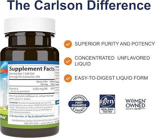 Miniatura 2 de Carlson CAR01102- Vitamina A 15000 UI Palmitato 4500 mcg RAE Visión Salud y Piel Saludable Función Inmune W 240 cápsulas blandas