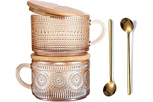 Vintage Embossed Tea Cups Set of 2 with Bamboo Lids and Spoons