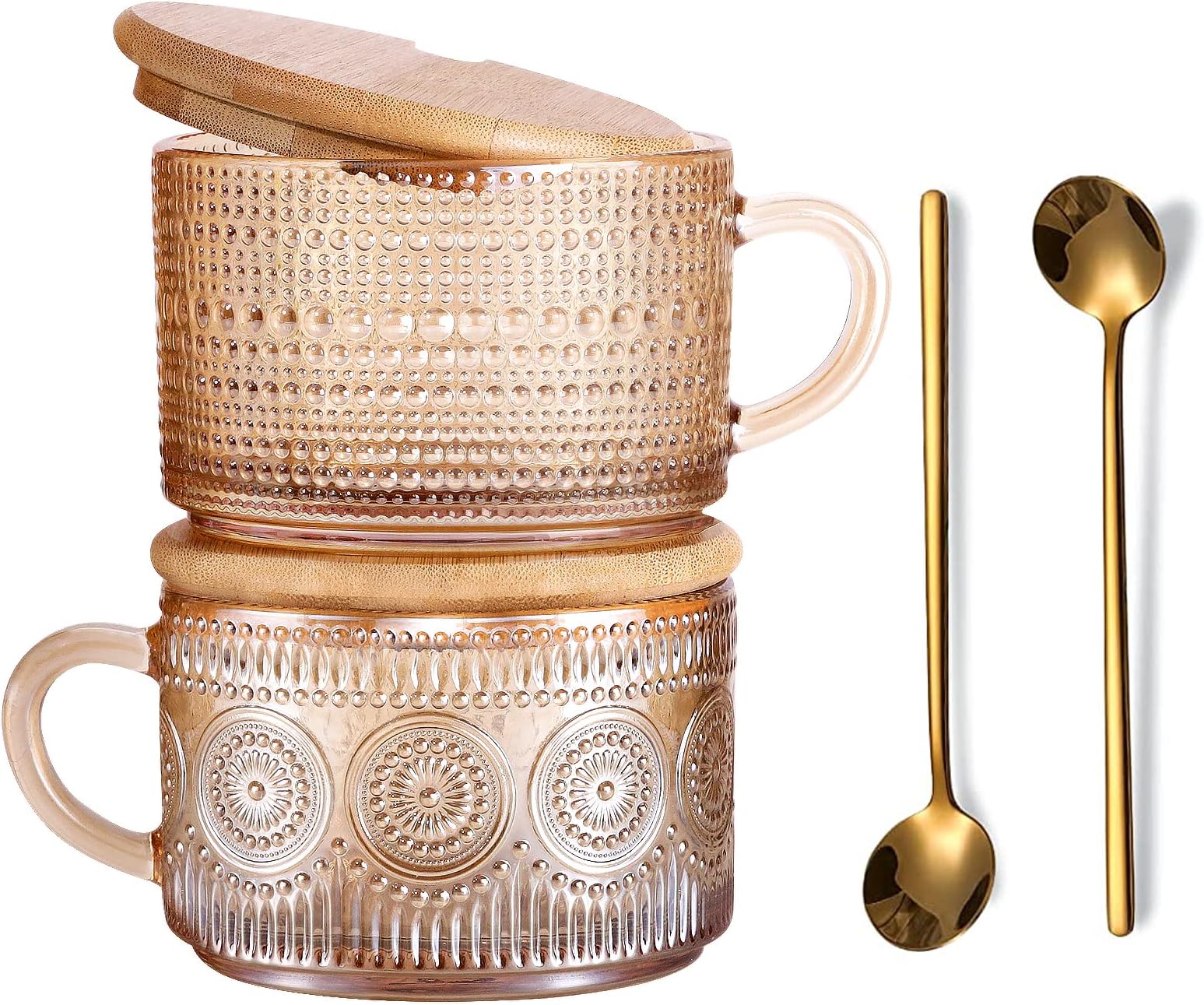 Vintage Glass Coffee Mugs Set of 2 Amber, Embossed Tea Cups with Bamboo Lids and Spoons, 14 Oz Glass Breakfast Cups for Cappccino, Latte, Yogurt, Dessert, Breakfast, Mothers Day Gifts