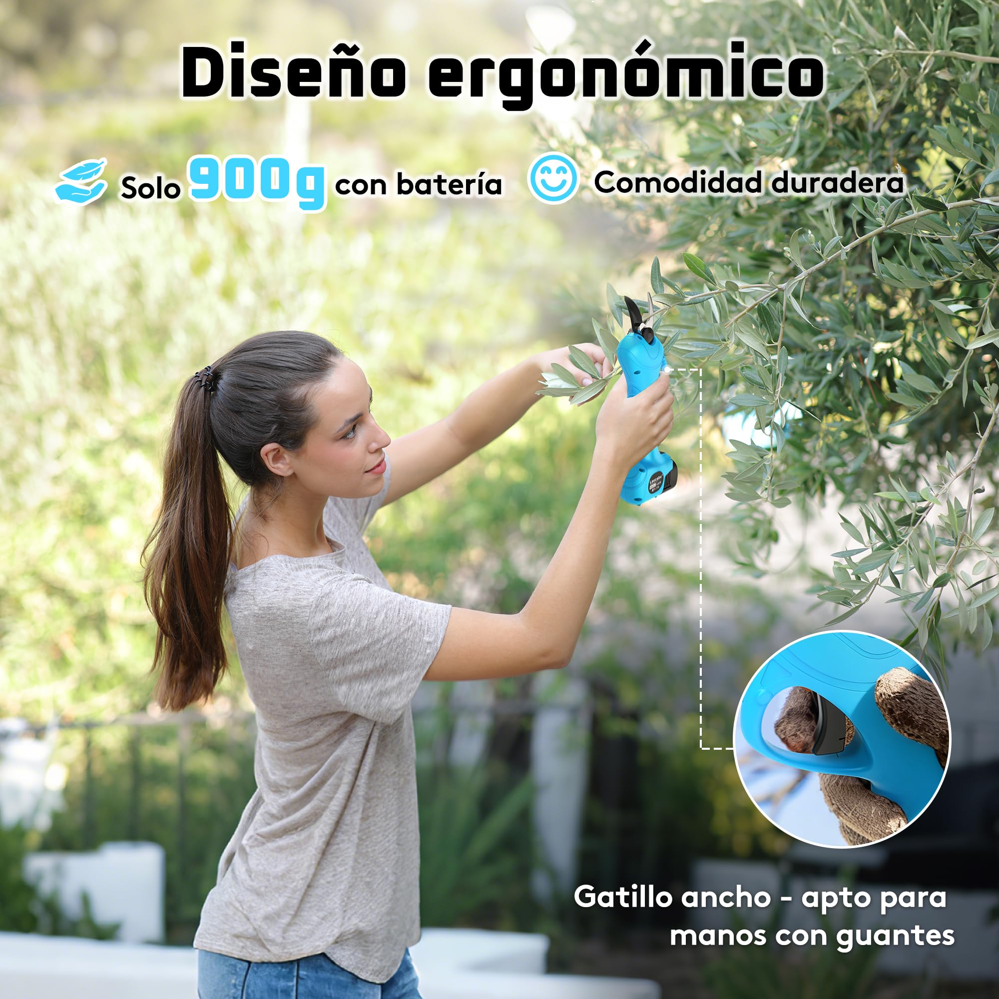 Laecabv Tijeras de podar electricas, tijeras de podar bateria 25mm diámetro tijeras podar inalámbricas, 2 Recargable 16.8v/2000mAh Litio Batería para la jardinería doméstica cortar árbol ramas