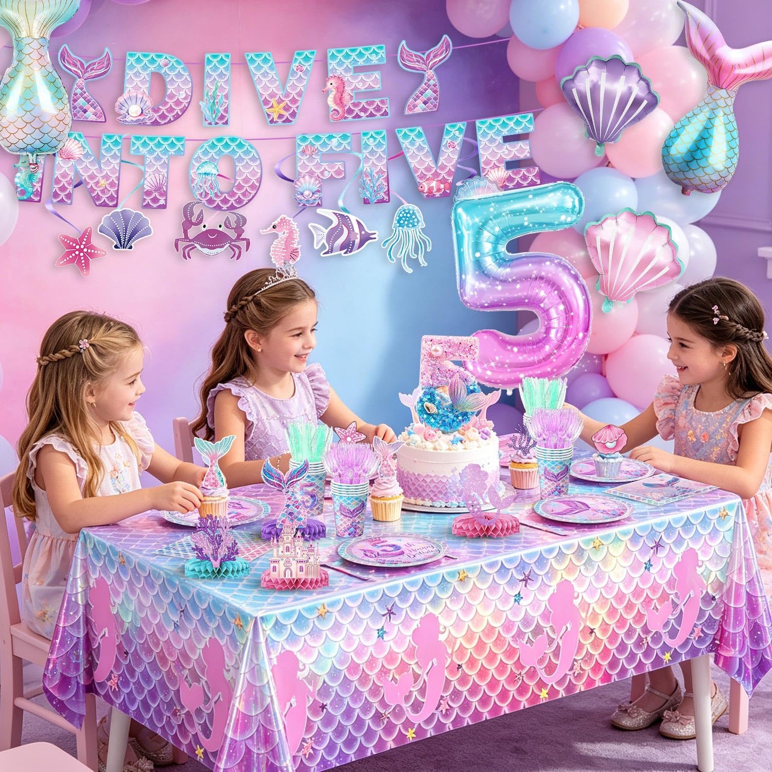 Mermaid Birthday Decorations - Plates, Napkins, Cups, Cutlery, Centerpieces, Banner, Hanging Swirls, Tablecloth, Number 5 Candle, Balloons for Dive into 5 Birthday Party Decorations, Serves 24