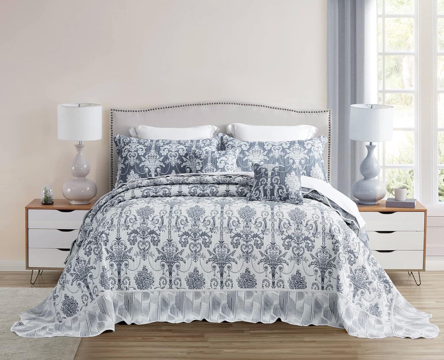 Oversized King Bedspread 128x120 Extra Wide, Jacquard Matelasse Damask Pattern Design, Lightweight, Reversible, 5 Piece, 100% Microfiber, Blue - Image 3