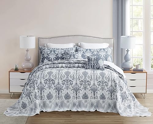 Miniatura 3 de Colcha extragrande tamaño King, color azul, 138 x 122 pulgadas, extra ancha, diseño de damasco jacquard matelasse, ligera, reversible, 5 piezas,