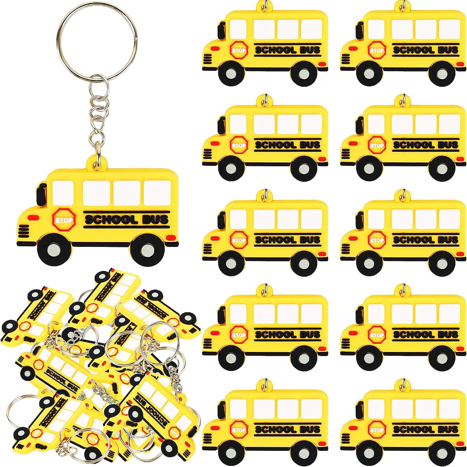 24 Pcs Mini School Bus Keychain Bulk Back to School Bus Key Chain Small Gift Cute Yellow Cartoon Bus Keychains for Birthday Class Award Party Favors