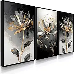 Kit 3 Quadros Decorativos Luxo Flor De Luz Ouro Preto Luxo Sala Hall