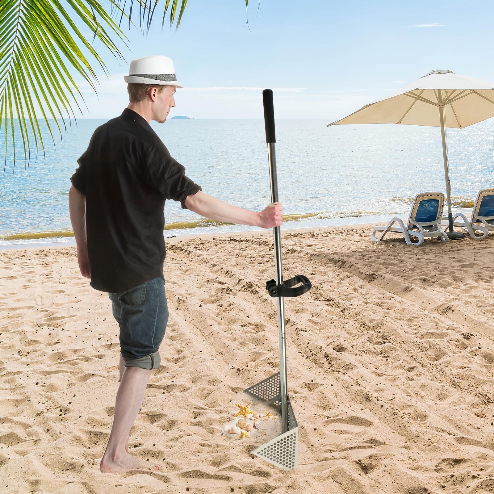 Rastrello da spiaggia, rastrello per pulci di sabbia, in acciaio inox con ampio cestello trapezoidale, rastrello per la spiaggia, rastrello di sabbia rimovibile con manico lungo, denti affilati