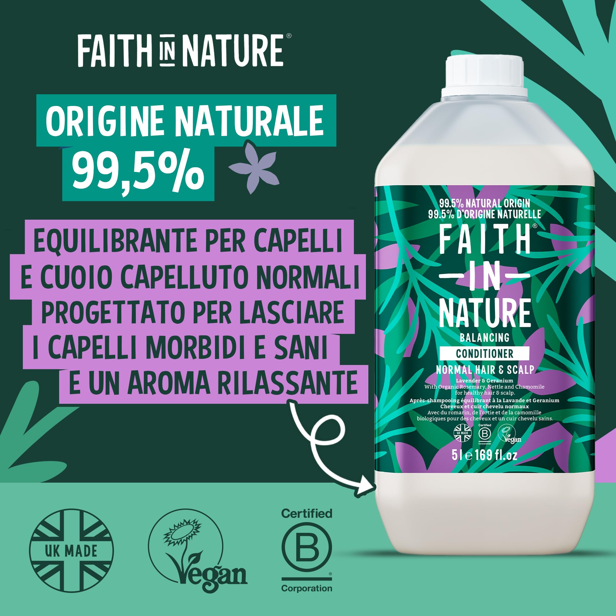 Faith In Nature Balsamo Naturale Lavanda e Geranio, Equilibrante per Capelli e Cuoio Capelluto Normali, Vegano e Cruelty Free, Senza SLS, Siliconi o Parabeni, Confezione Ricarica 5L