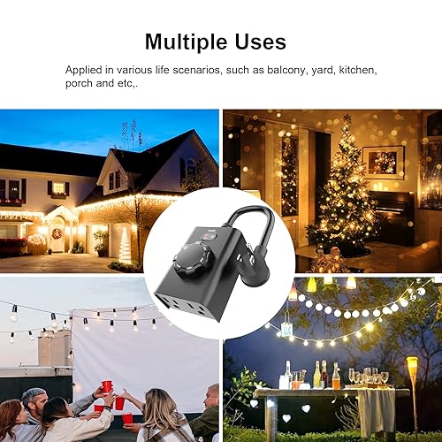 Miniatura 22 de Temporizador para exteriores con sensor para luces del atardecer al amanecer, enchufe impermeable con 2 tomas de tierra para decoración navideña