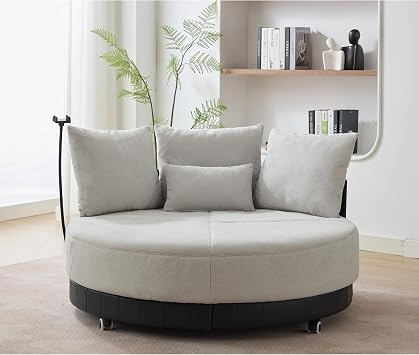Oversized Chaise Lounge Chair Indoor, 51.25" Swivel Accent Chair with 360 Adjustable Phone Holder, Comfy Round Swivel Chair, 4 Pillows, Barrel Chairs for Living Room, Bedroom, Grey
