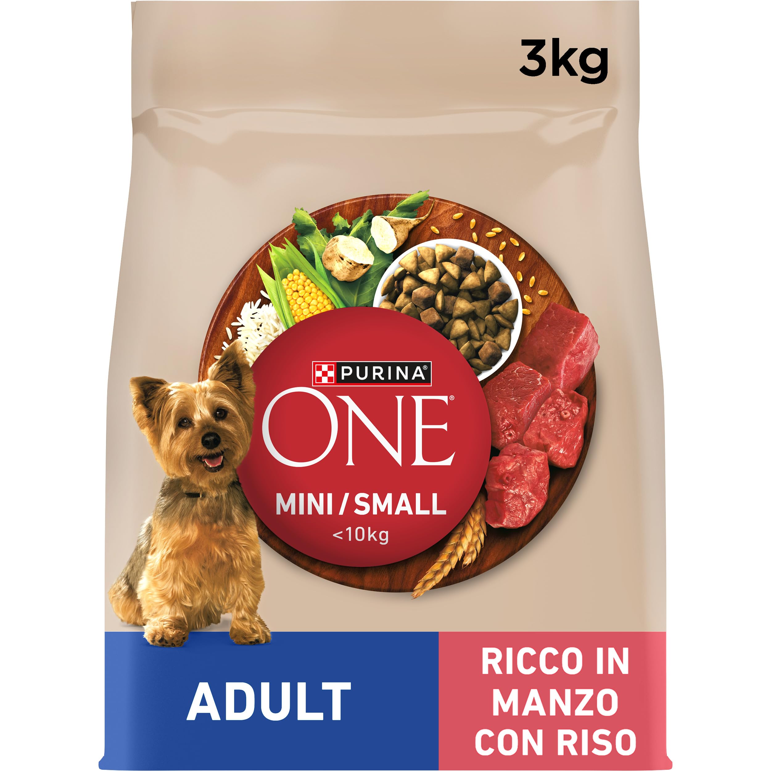 Purina ONE MINI Crocchette Cani Adult con Manzo e Riso, 1 Sacco da 3 Kg