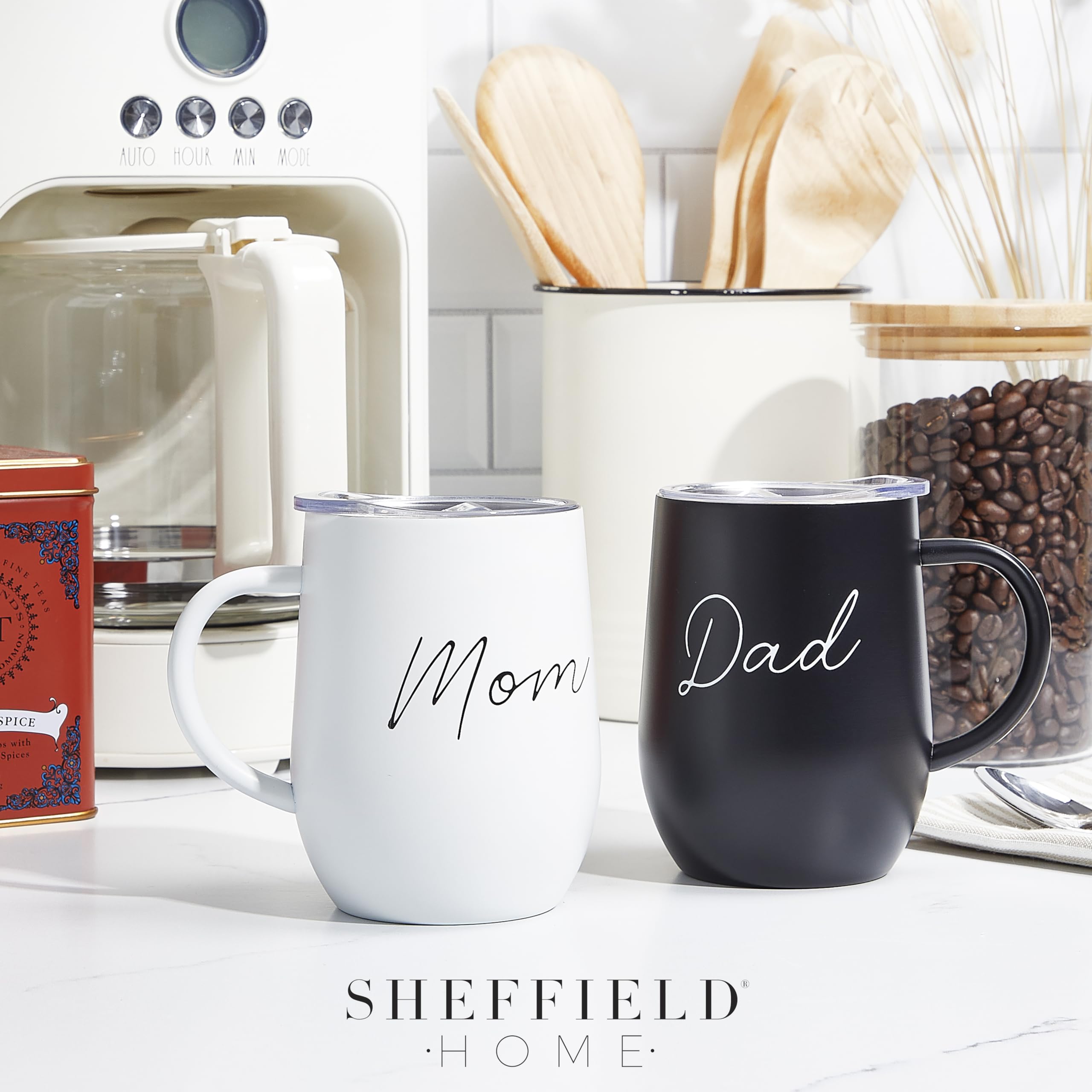 Amazon.com: Sheffield Home Stainless Steel Insulated Coffee Mug with Travel  Lid | 12 oz | Black & White | Pregnancy Gift | Gift Set for New Parents |  Est 2025 | Engraved