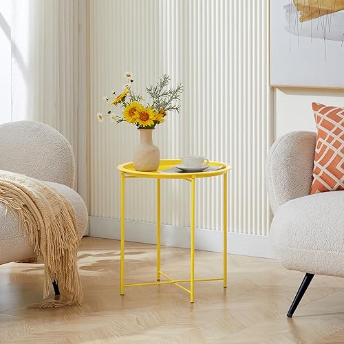 Miniatura 5 de VECELO Mesa auxiliar redonda con almacenamiento de tela, antioxidante e impermeable, bandeja para exteriores o interiores, para sala de estar,