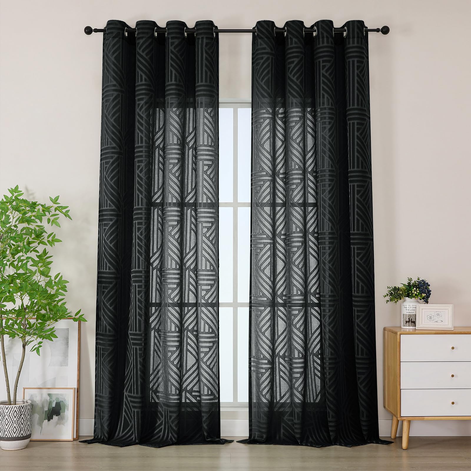 Simplebrand Semi Black Sheer Curtains 140x245 2 Panels, Light Filtering Geometric Jacquard Clip Textured Eyelet Sheer Curtains for Living Roon,Modern Elegant Window Curtains Drapes — image 1