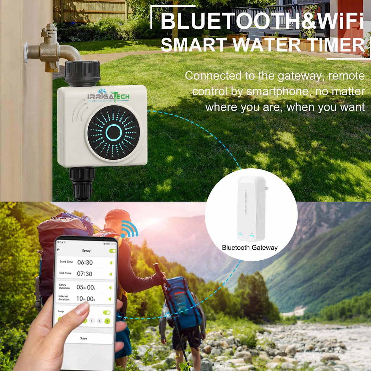 Timer di irrigazione intelligente WiFi e Bluetooth con Gateway, 1 zona, programmatore automatico per rubinetto, controllo app, compatibile Alexa e Google, Rain Delay.