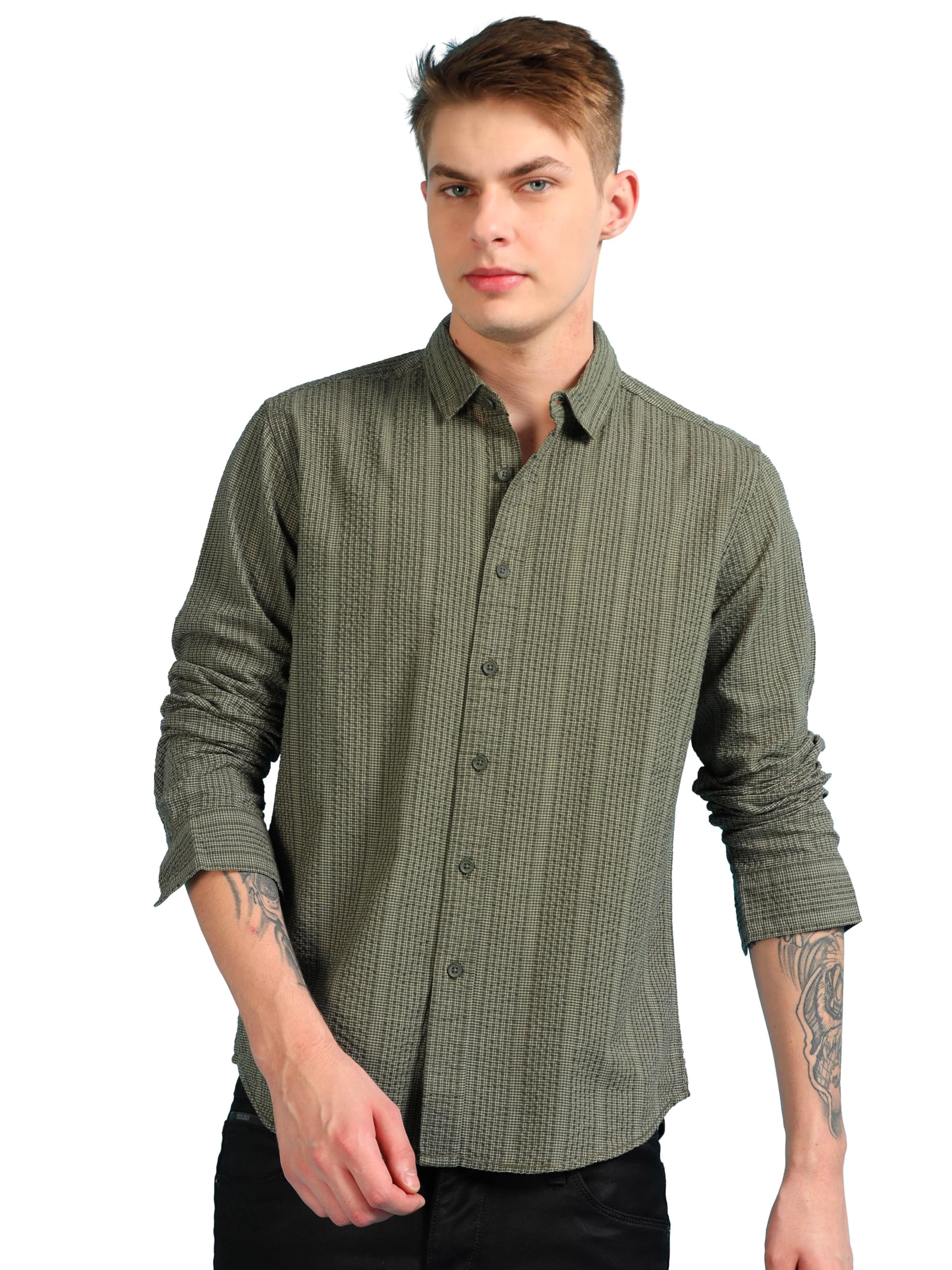 Men's Full Sleeve Textured Casual Spread Collar Shirt-image-8