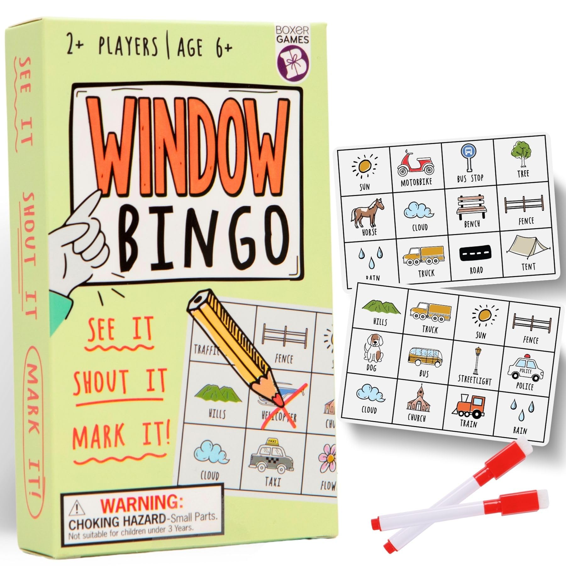 Boxer Gifts Window Bingo Fun Travel Game for Kids & Families, Road Trip Gift, 2+ Players, Ages 6+