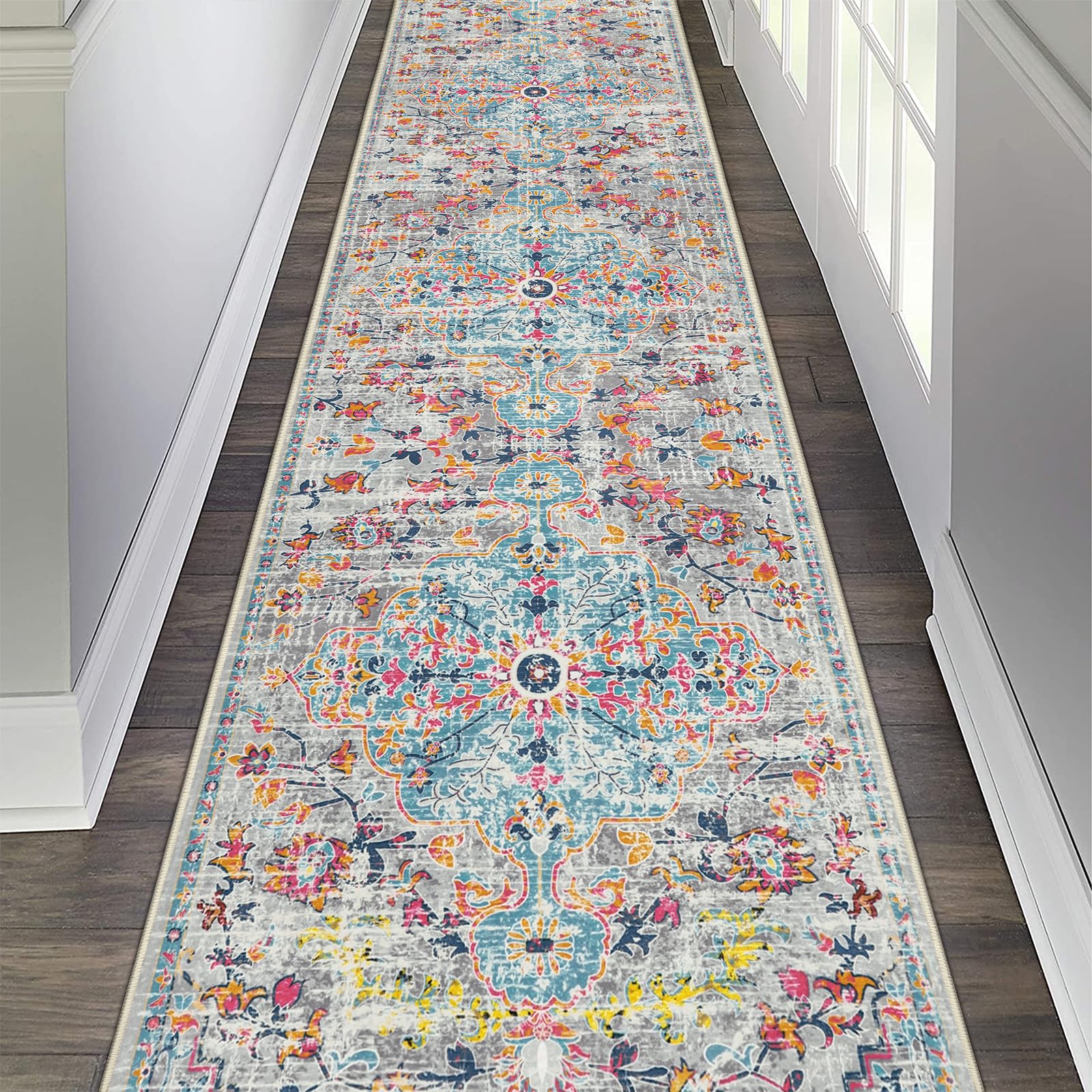 pauwer boho hallway runner rug 2'6'' x 14' washable entryway area rugs non slip farmhouse vintage floor mat long carpet runner for hallways laundry room kitchen bathroom bedroom