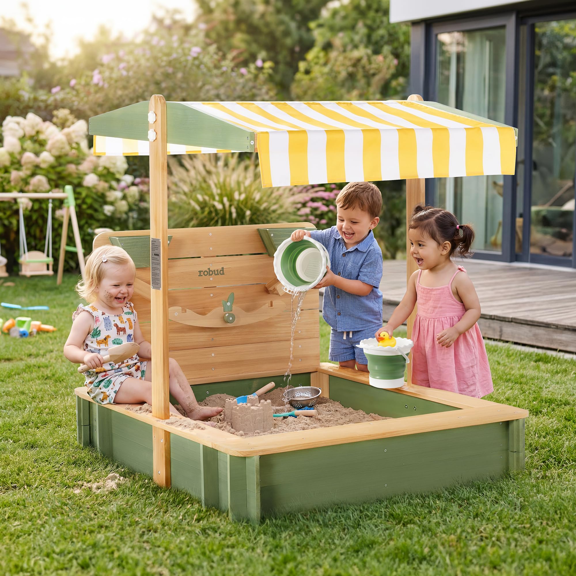 Photo 1 of ROBUD Kids Wooden Outdoor Sandbox with 180° Adjustable Canopy, Balance Scale, Funnels, 3-Sided Seating, Ground Liner & Durable Tarp, Outdoor Sand Box for Backyard Garden, Green