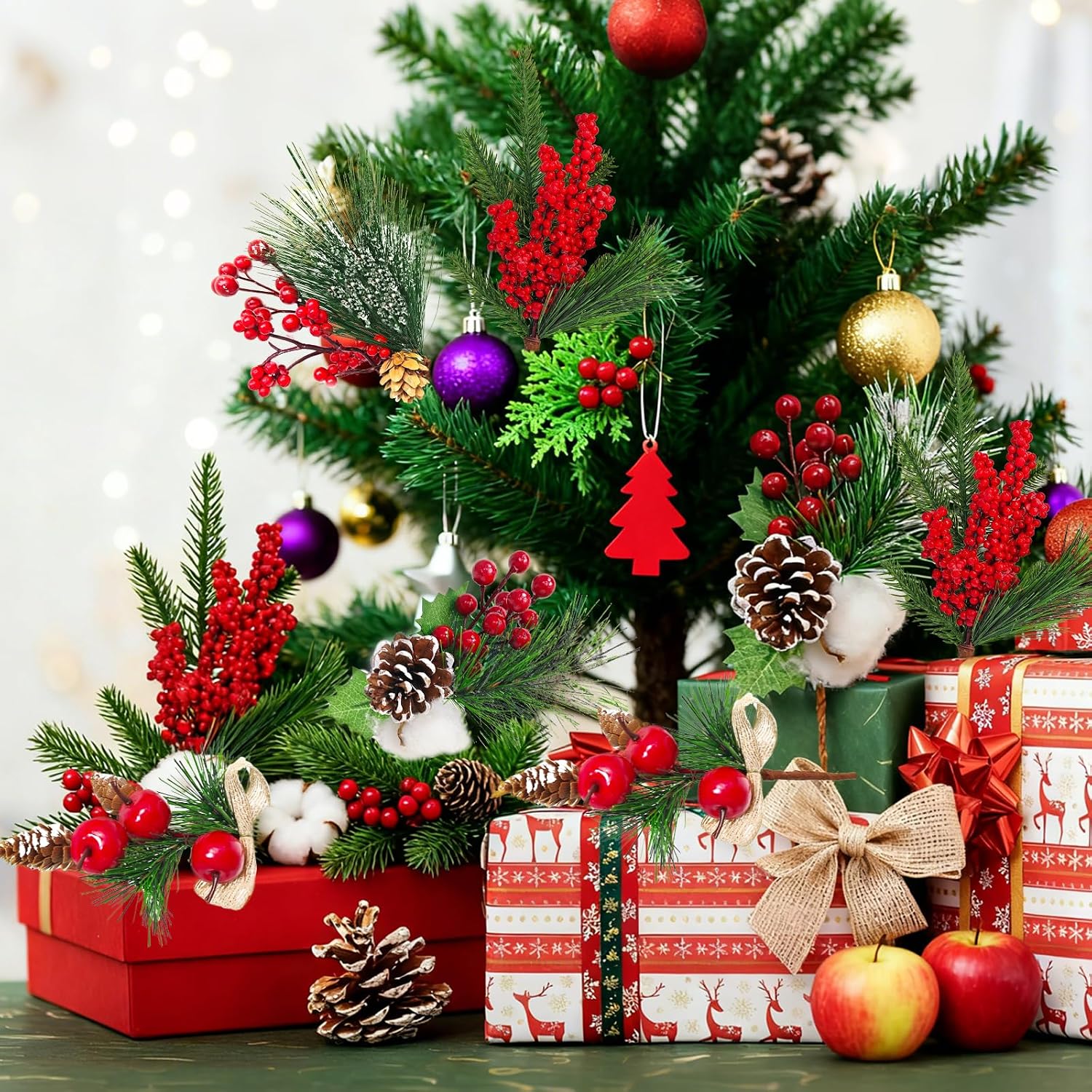 MEMOVAN Christmas Picks and Sprays Artificial Pine Needles Branches Berries Red Stems with Red Berry Pinecone Holly Xmas Floral Picks for Craft Flower Arrangements Wreath Holiday Xmas Tree Decor-6PCS