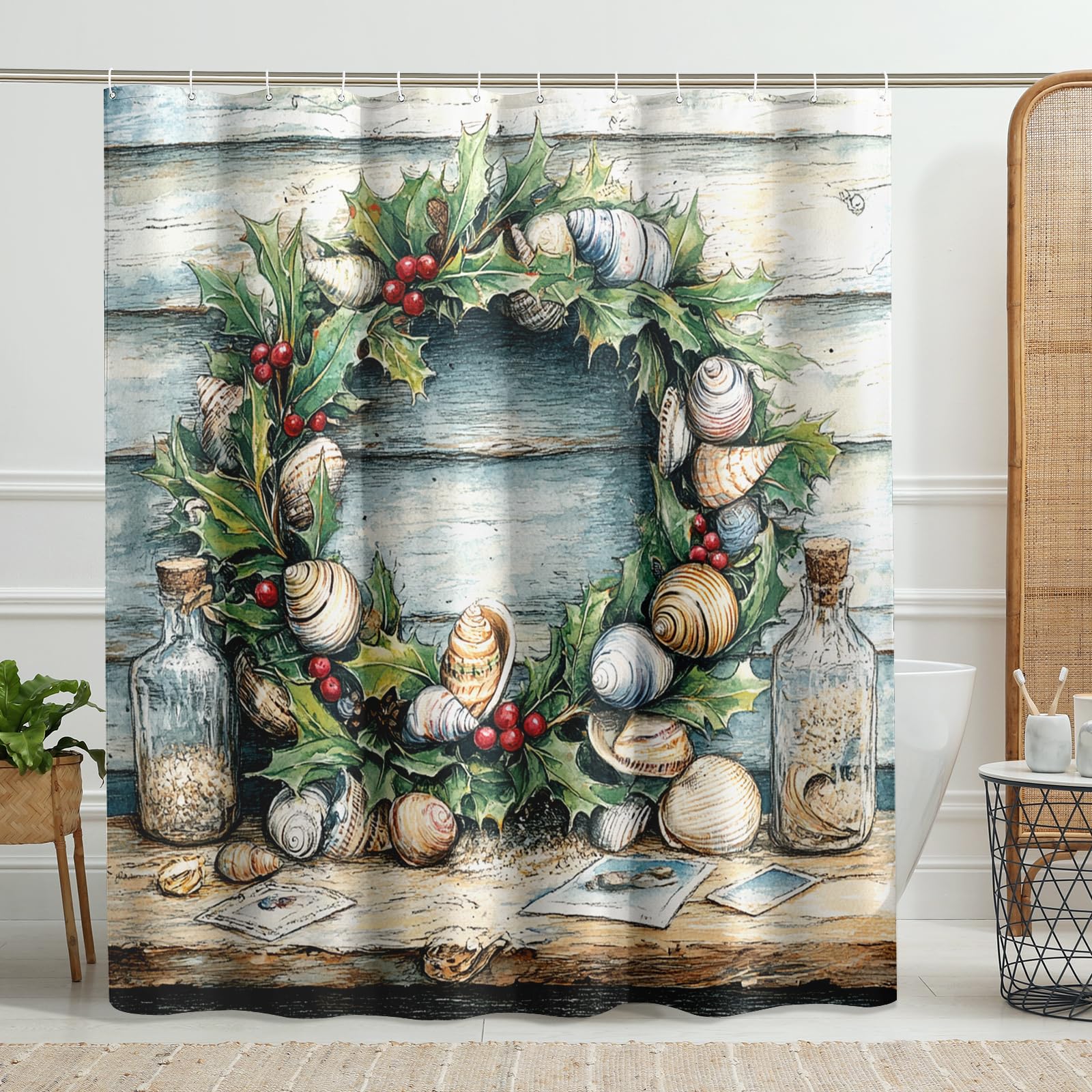 Sea Shell Wreath Shower Curtain, Green Holiday Decor for Bathroom, Coastal Nautical Style Waterproof Fabric Shower Curtain Set with Hooks 72x78 Inch