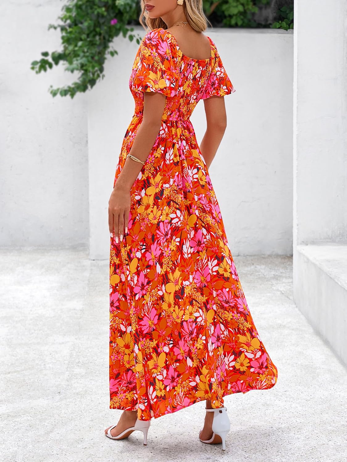 BTFBM Womens Spring 2026 Casual Maxi Dresses Short Sleeve Smocked Tiered Floral Boho Long Beach Dress with Pockets - Image 3