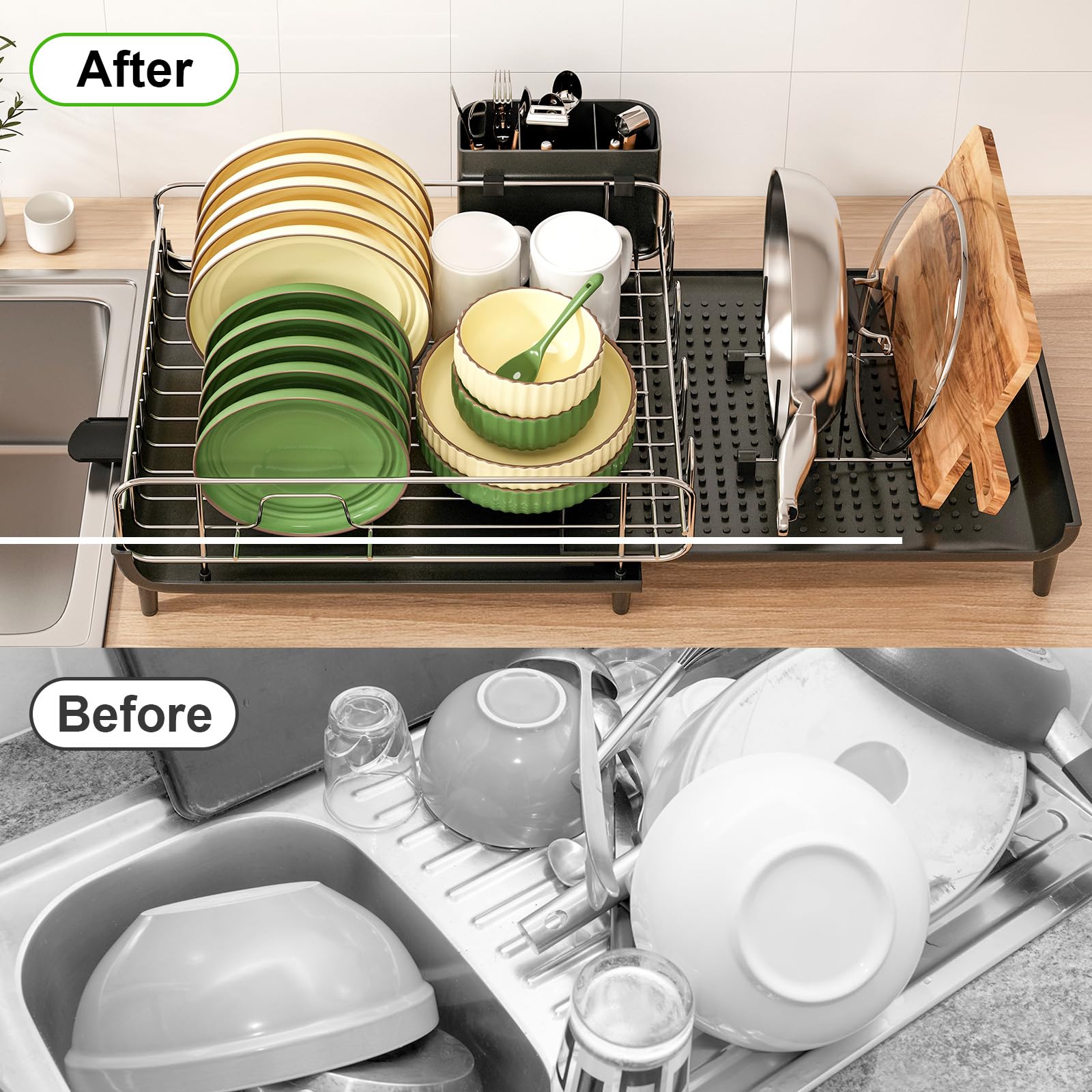 Fixwal Large Dish Drying Rack, Dish Rack for Kitchen Counter, Expandable Stainless Steel Dish Drainers, Kitchen Gadgets with Utensil Holder & Drainboard for Various Kitchenware