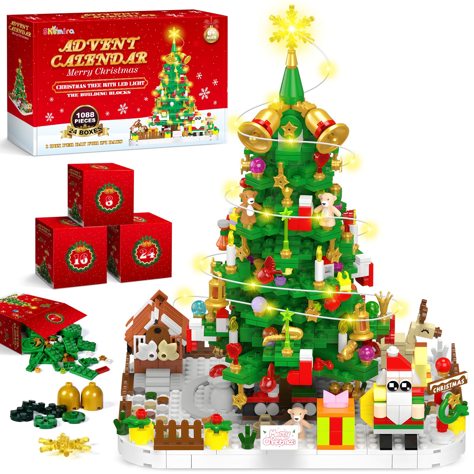shemira advent calendar 2024 christmas tree building toy set with led light, 24 days christmas countdown calendar building blocks, advent calendar christmas gifts for adults teens kids ages 6+