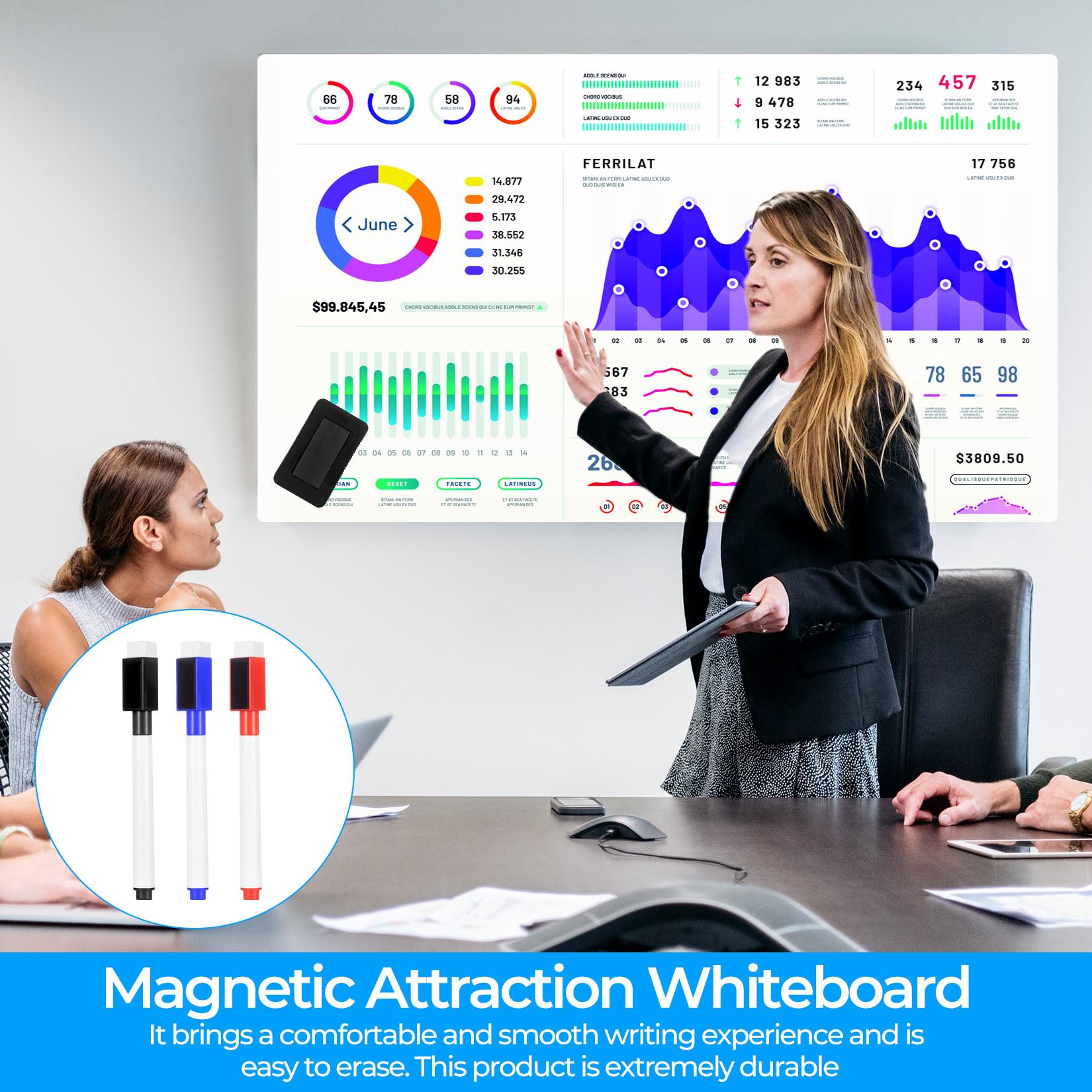 Tableau Magnetique Mural Autocollant, 40 x 80 cm Tableau Blanc Magnetique, tableaux magnétiques, feuille magnétique adhésive pour école, bureau et maison, avec 3 marqueurs white board et 1 effaceur