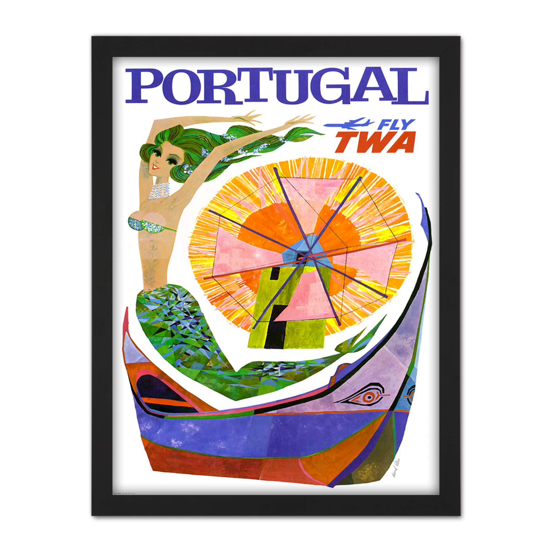 Wee Blue Coo Portugal Travel TWA Airline Windmill Mermaid Artwork Framed Wall Art Print 18X24 Inch