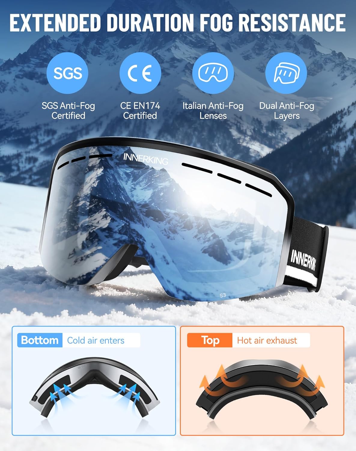 Innerking Ski/Snowboard Goggles OTG for Men Women & Youth - Over Glasses Snow Sports Goggles Anti Fog 100% UV400 Protection - Image 2
