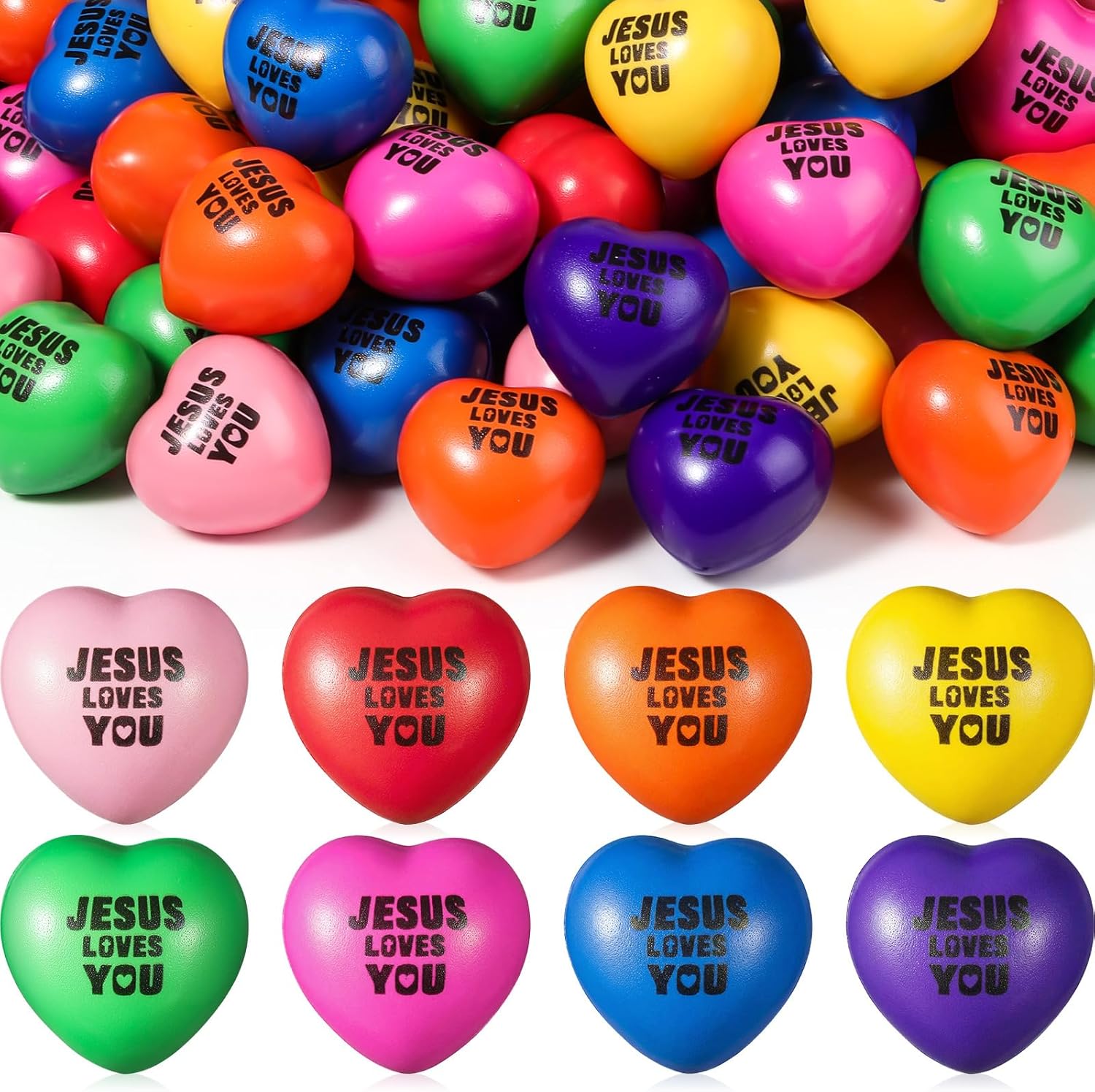 Skylety 120 Pcs Jesus Loves You Heart Stress Balls Bulk Christian Foam Relief Stress Squeeze Balls Easter Christian Gift for Adult Religious Party Favor Kid Classroom Gift School Reward(1.57 Inch)