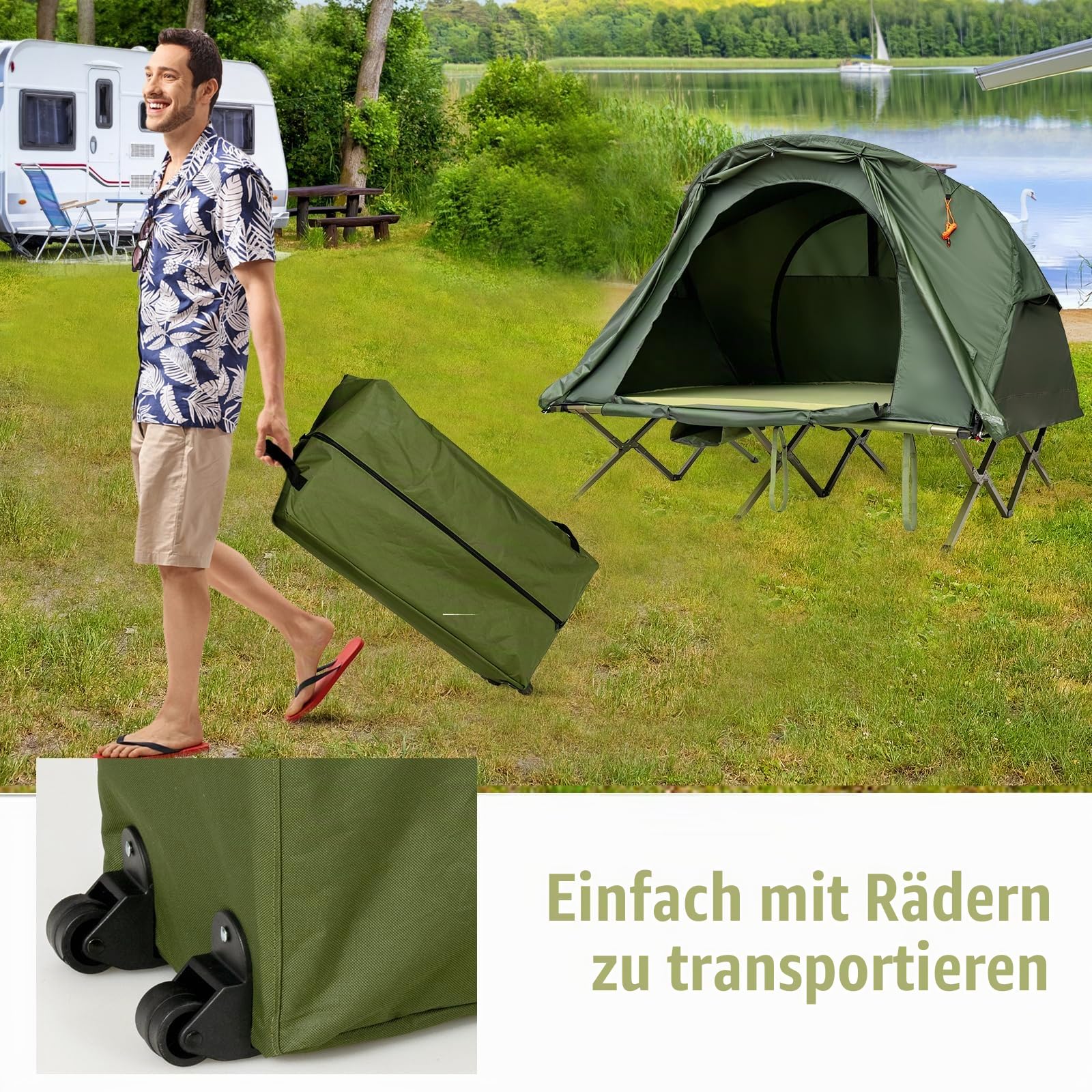 HOMASIS 4 in 1 Campingzelt für 2 Personen, erhöhtes Doppelzelt mit Feldbett, Kuppelzelt mit aufblasbarer Matratze, wasserdichtes Zelt mit Regendecke & Tragetasche, 194 x 146 x 160 cm