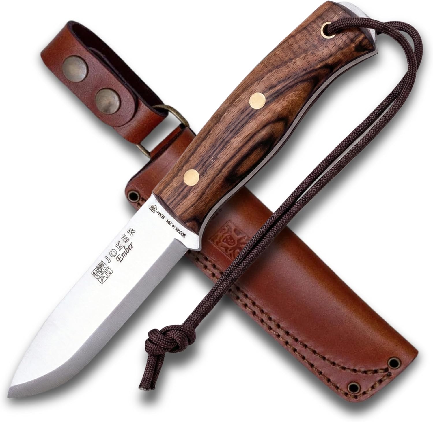 Joker Ember Scandi CN122 Outdoor Tool with Leather Sheath – 4.13" Sandvik 14C28N Steel Blade – Versatile Knife for Fishing, Camping, Hiking and Bushcraft (Walnut Wood, Leather Sheath)