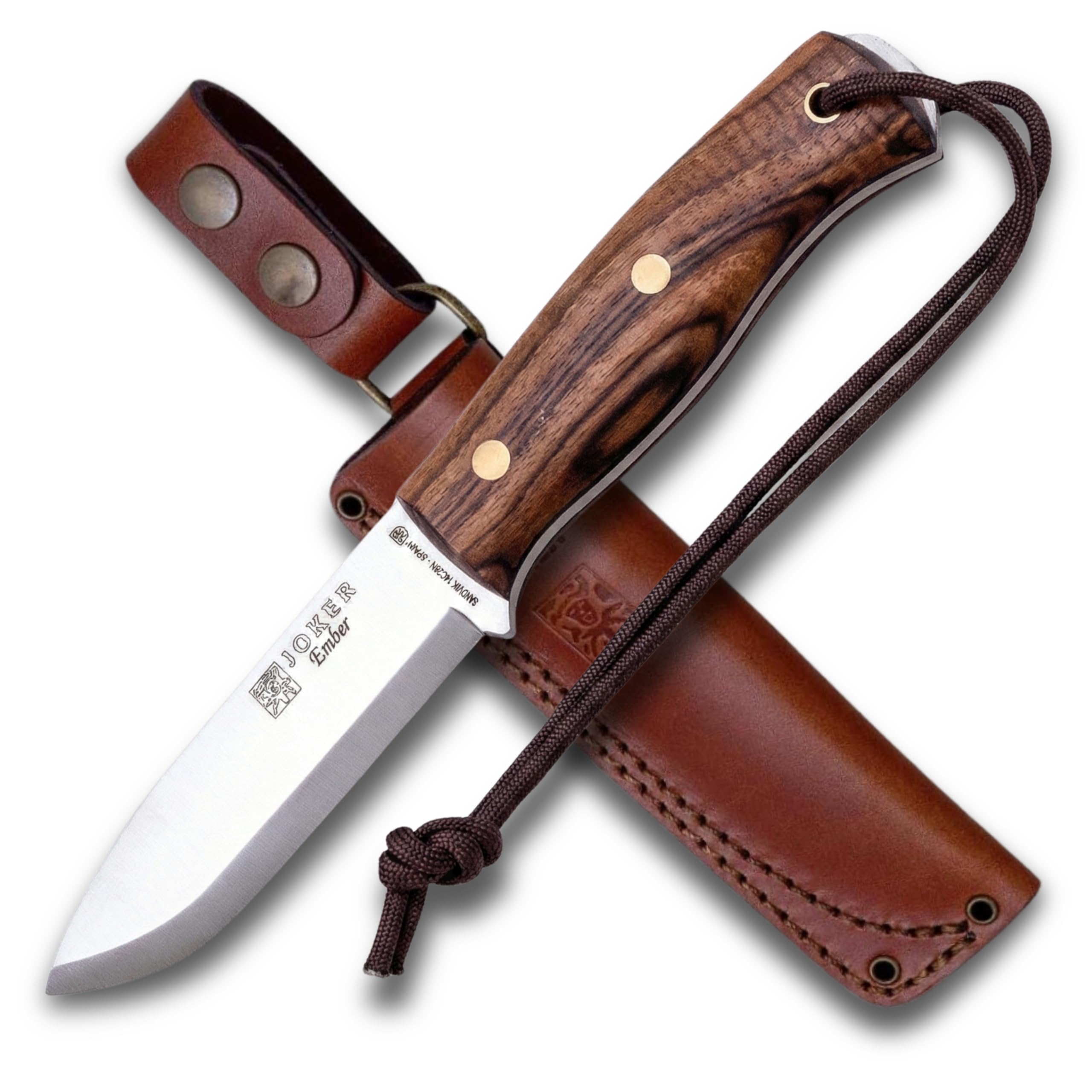 Joker Cuchillo de monte y caza Ember Scandi CN122, hoja de 10,5 cms, mango Nogal, funda piel marrón, incluye paracord, Herramienta de pesca, caza, camping y senderismo