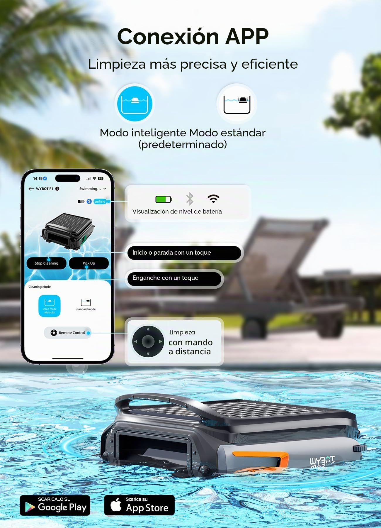 WYBOT F1 Skimmer Piscina con Energía Solar Y Batería, Limpia La Superficie del Agua Automáticamente, App Inteligente, Funciona 24h, para Toda Piscina-Robot Piscina Sin Cables,Naranja Oscuro