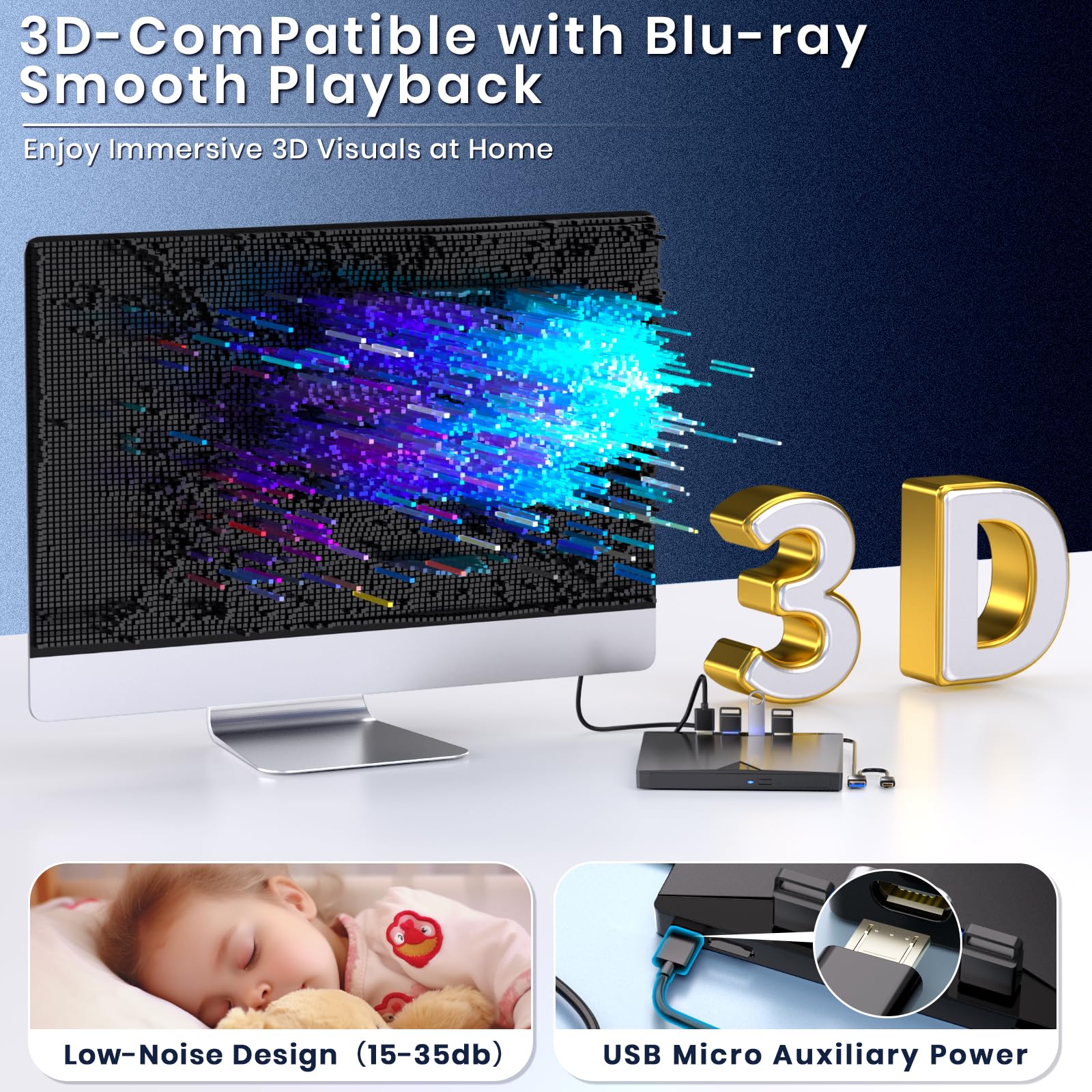 Dainty Externes Blu-ray-Laufwerk, kompatibel mit BD/DVD/CD-Player/Lesen/Schreiben USB 3.0 &/Typ-C Windows 7-11 & Mac PC-kompatibel mit TF/SD/USB