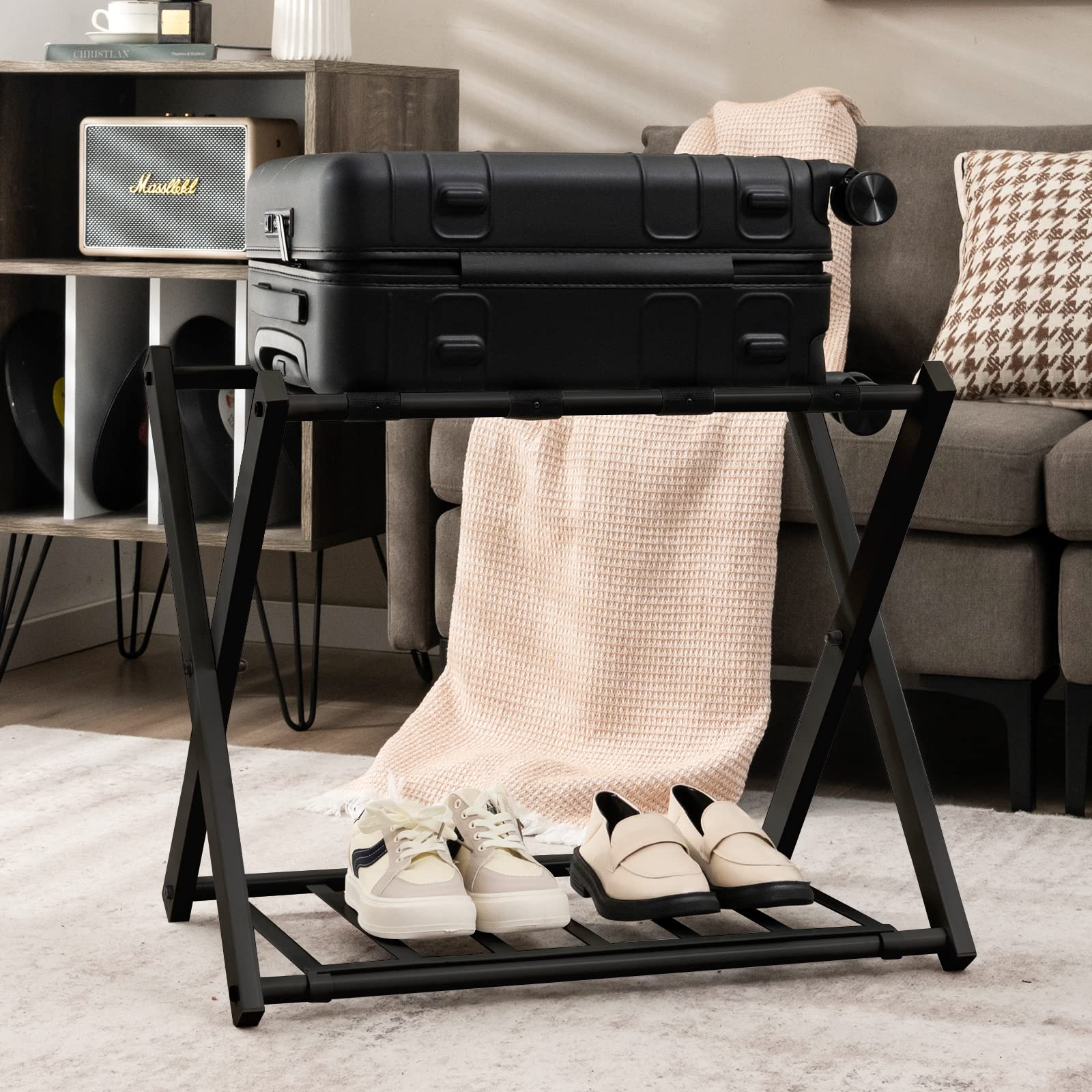 GYMAX Estante Plegable para Maletero, Portaequipajes Doble Capa, con 4 Correas Estables y Diseño de 2 Pisos, Estante de Equipaje Soporta hasta 60 kg, para Habitación de Huéspedes y Hotel (Negro, 2)