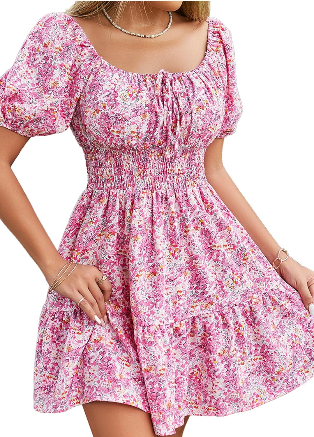 Floerns Women's Boho Square Neck Puff Short Sleeve Self Tie Front A Line Dress