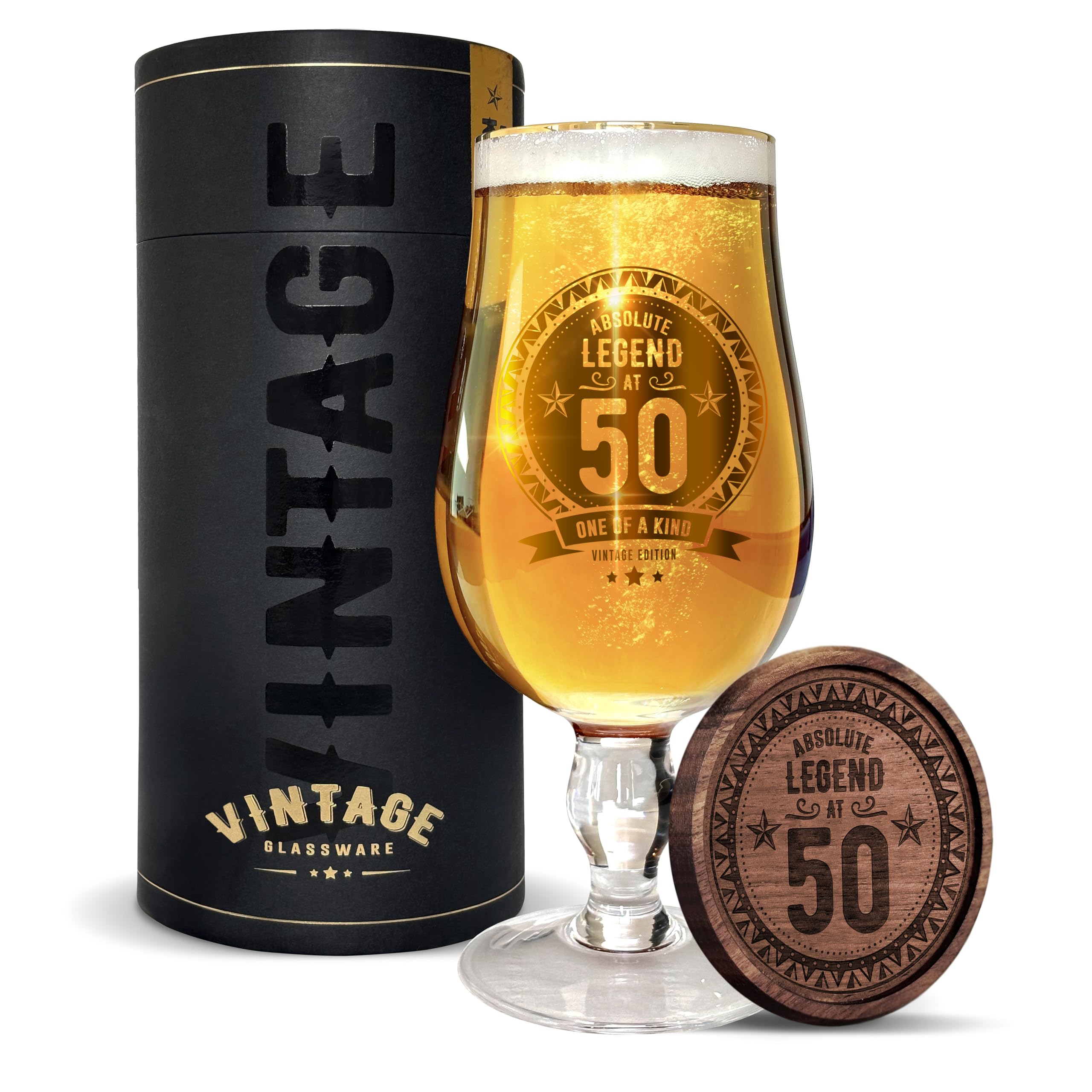 Vintage Glassware LERALI Absolute Legend at 50 Beer Glass – Premium Crystal Glass (1 Pint / 580ml) Father’s Day, Birthday & Thank You Gift for Him