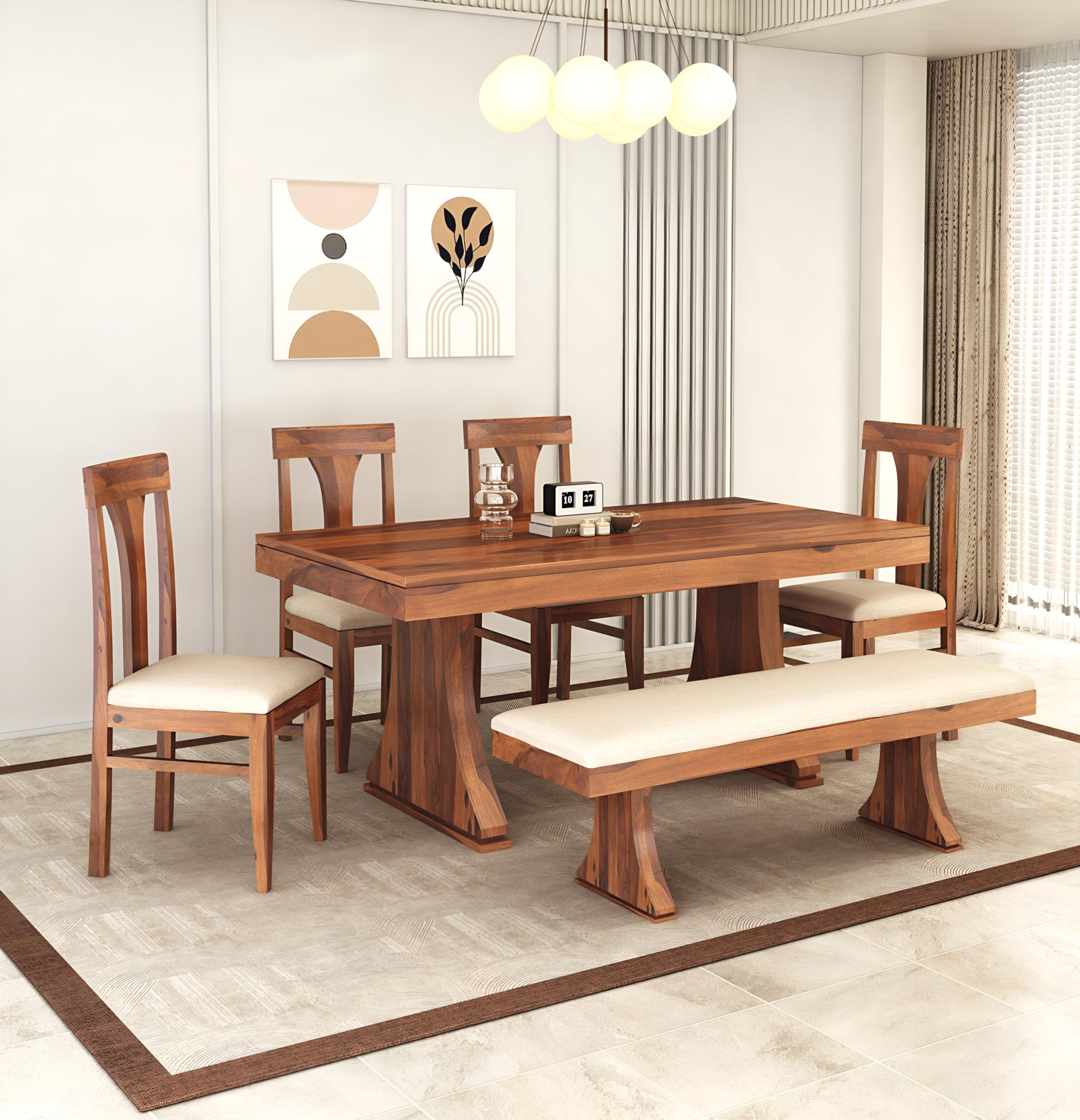 SONA ART & CRAFTS Solid Sheesham Wood Dining Table 6 Seater with Chair Set | Wooden 6 Seater Dinning Table with 4 Chairs and 1 Bench | Dining Table Set | Dining Room Sets Furniture (Honey Finish)-image-21