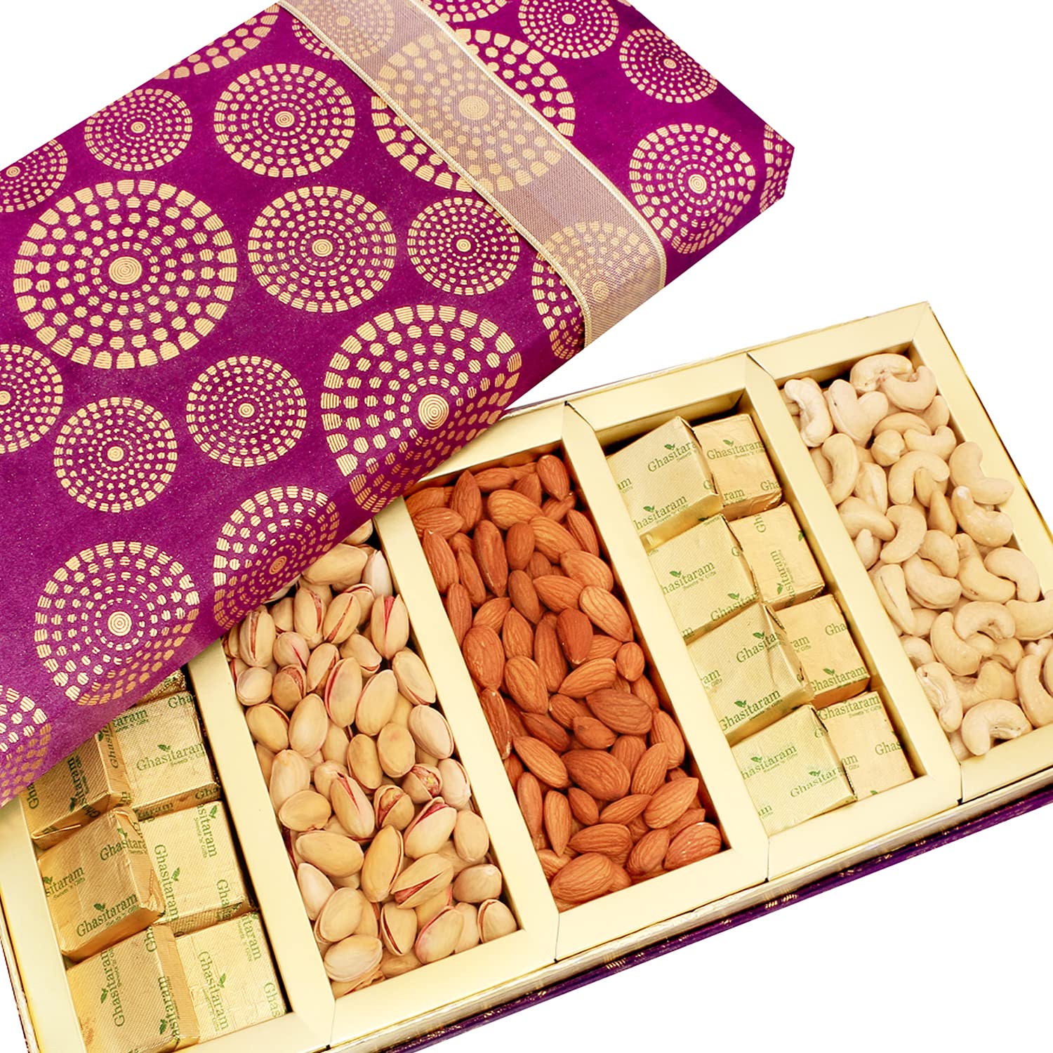 Ghasitaram GiftsSatin 5 Part Dry Fruit and Chocolate Box Hamper|Dry Fruit Combo Pack Offer|Dry Fruit Gift Pack|Dry Fruit Box|Diwali Dry Fruit Gift Box|Mix Nut|-image-39
