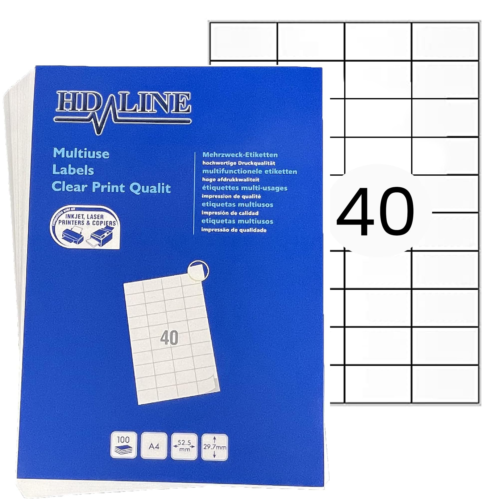Hd-line Lot de 20 paquets d'étiquettes universelles 52,5 x 29,7 mm, 100 feuilles, 80 000 pièces, autocollantes, imprimables, en papier mat, vierges, 40 par feuille A4, blanc