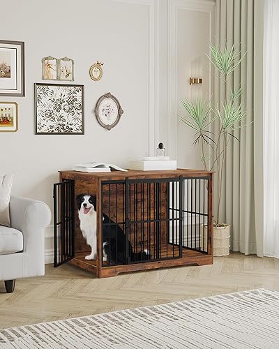 Miniatura 8 de Mueble XL grande para perros, muebles de interior para perreras de 44.1 pulgadas con puerta de granero, jaula alta de madera para perros, jaula
