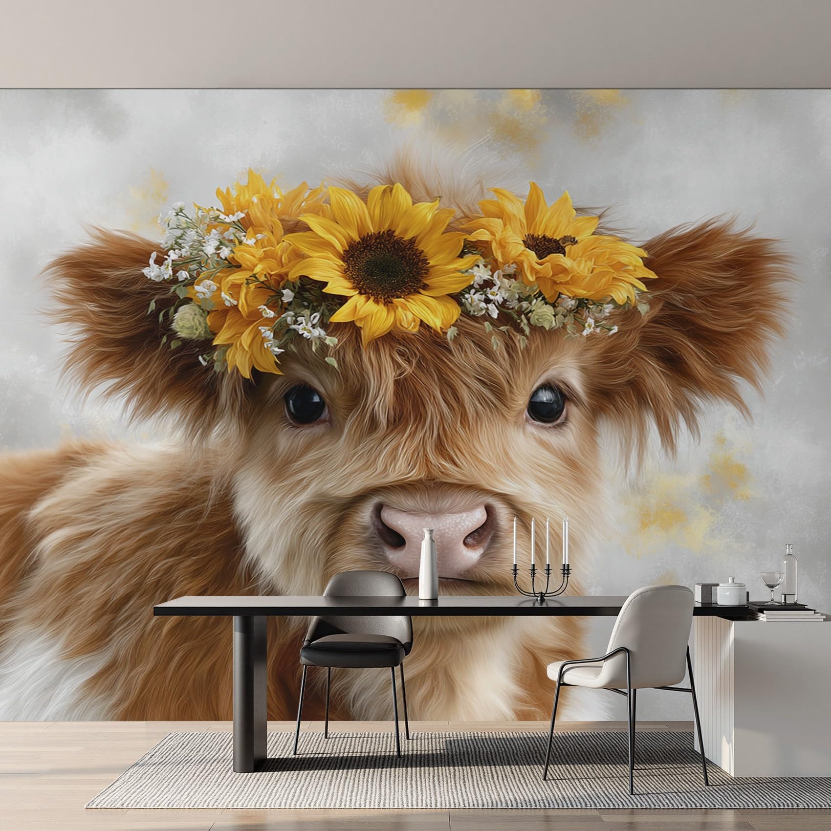 Wall Mural Highland Cow Wallpaper - Cute Rustic Farm Animal Photo Wallpaper for Living Room Bedroom, Non-Woven Brown Yellow Wall Paper Home Decor Art 300x210 cm w6g4