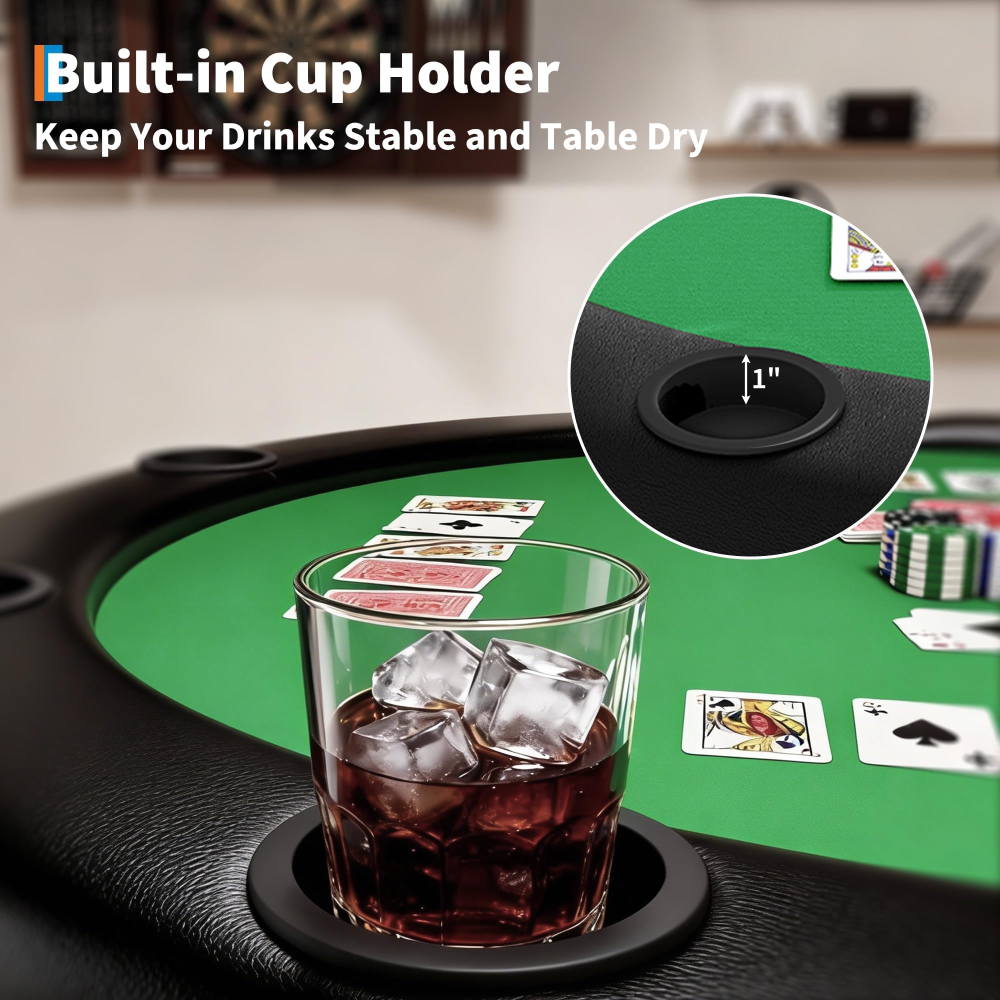 Table De Poker Pliante Ronde Pour 8 Joueurs, Table De Cartes Avec Feutre Vert Bordure Noire, 8 Porte-Gobelets En Plastique, Matériau Panneau De Particules, Pour Texas Hold'Em Blackjack Soirées De Jeux