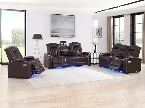 Miniatura 30 de THSUPER Juego de sofás reclinables eléctricos de cuero marrón tipo loveseat con almacenamiento en brazos y reposacabezas eléctrico, juego de sofá